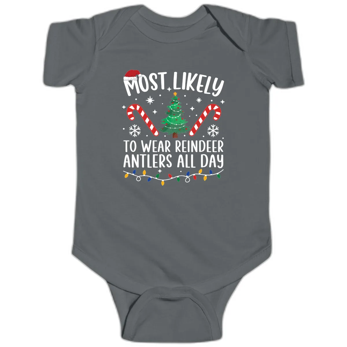Most Likely To Wear Reindeer Antlers All Day Baby Onesie in Charcoal